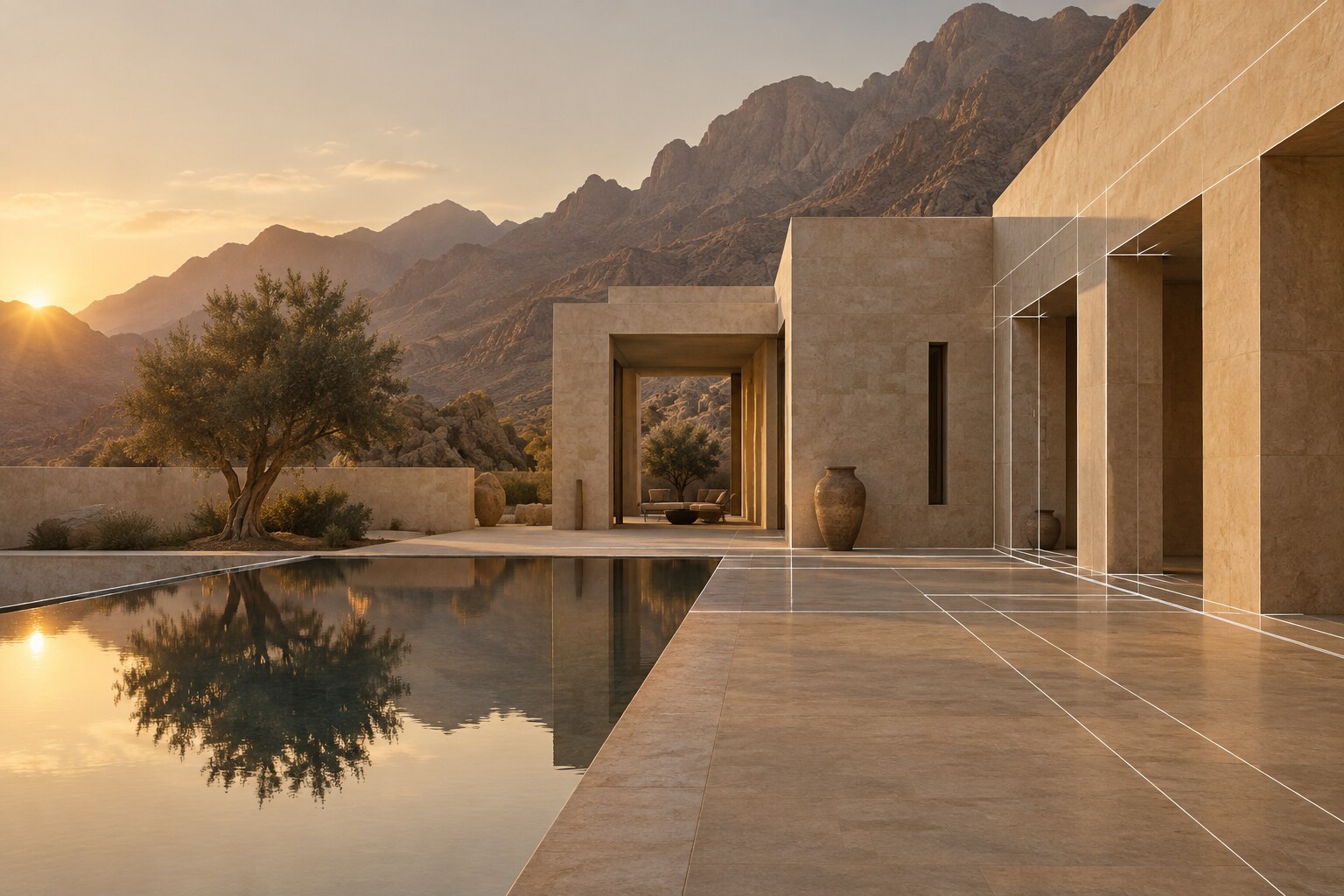 Concept study: a stone villa in Oman at golden hour, with fine plan lines still turning into the building