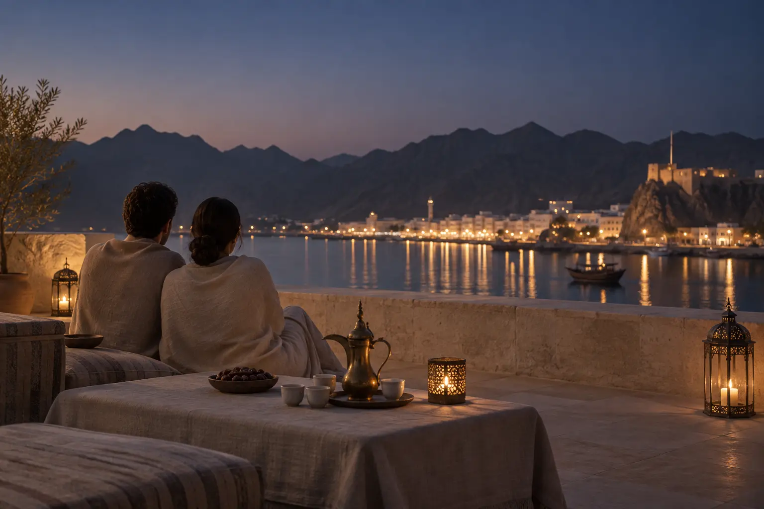 Concept study: two guests on a rooftop at night overlooking Muttrah harbour