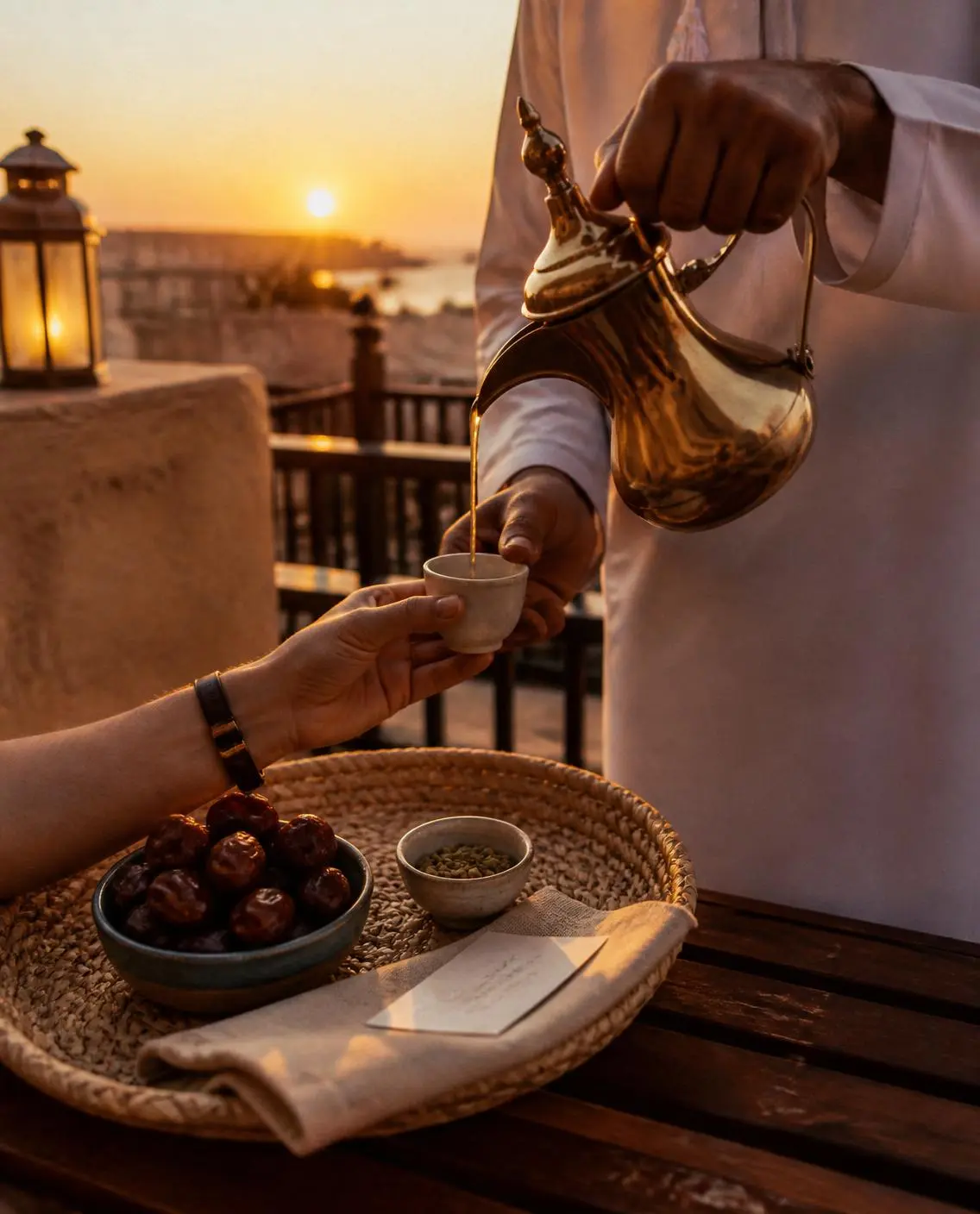 Concept study: kahwa poured from a brass dallah at sunset